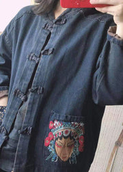 Women Black Stand Collar Embroidered Button Pockets Cotton Denim Coats Long Sleeve