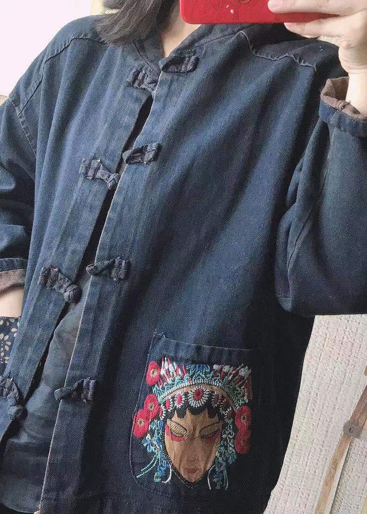 Women Black Stand Collar Embroidered Button Pockets Cotton Denim Coats Long Sleeve