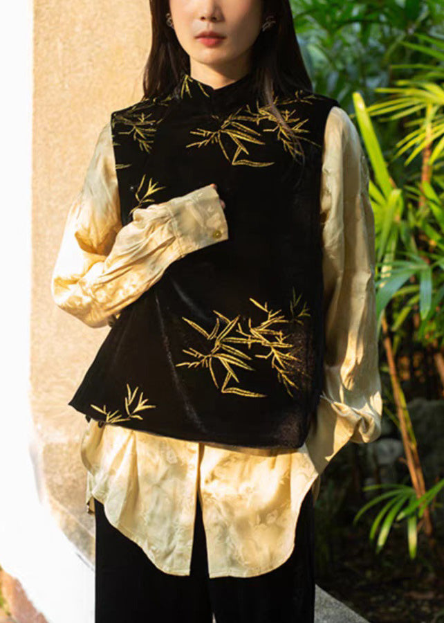 Women Black Stand Collar Embroideried Button Velour Waistcoat Sleeveless