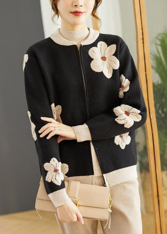 Women Black Stand Collar Embroidered Floral Woolen Coats Long Sleeve