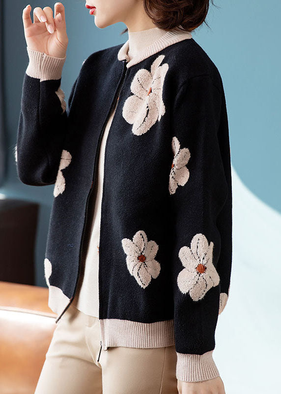 Women Black Stand Collar Embroidered Floral Woolen Coats Long Sleeve