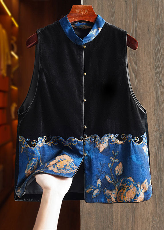 Women Black Stand Collar Embroidered Patchwork Silk Velour Waistcoat Sleeveless