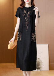 Women Black Stand Collar Embroidered Pockets Silk Dresses Summer