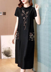 Women Black Stand Collar Embroidered Pockets Silk Dresses Summer