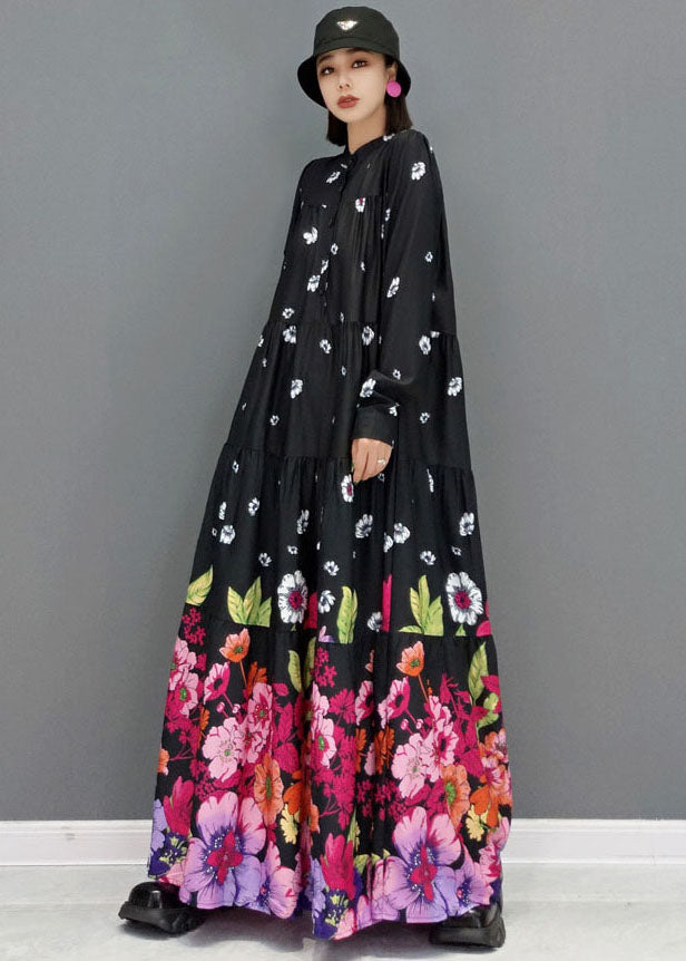 Women Black Stand Collar Floral Print Cotton Long Dress Long Sleeve