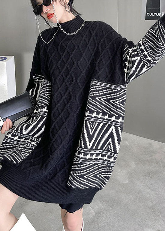 Women Black Stand Collar Jacquard Loose Fall Knit sweaters