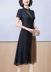 Women Black Stand Collar Patchwork Embroidered Silk Dress Summer