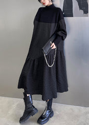 Women Black Stand Collar Patchwork Knit A Line Long Dresses Winter