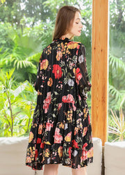 Women Black Stand Collar Patchwork Print Chiffon Pleated Dresses Spring
