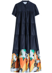 Women Black Stand Collar Patchwork Print Cotton Pleated Shirt Dress Short Sleeve