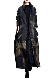 Women Black Stand Collar Pockets Print Fine Cotton Filled Trench Coat Spring