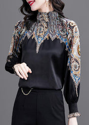 Women Black Stand Collar Cinched Print Silk Shirt Top Spring