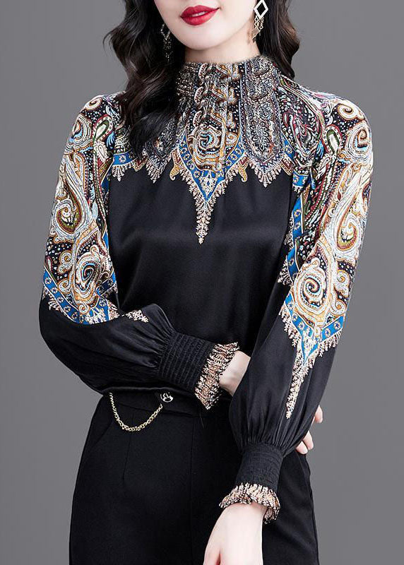 Women Black Stand Collar Cinched Print Silk Shirt Top Spring