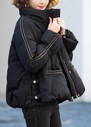 Women Black Stand Collar Zippered Duck Down Down Jacket Winter