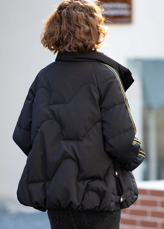 Women Black Stand Collar Zippered Duck Down Down Jacket Winter