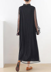 Women Black Stand Long sleeve Ankle Summer Chiffon Dress - SooLinen