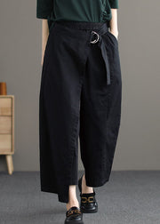 Women Black Streetwear Asymmetrical Design Pockets Cotton Pants Summer