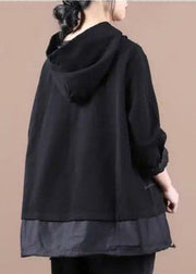 Women Black Striped Hooded Patchwork Warm Fleece Pullover Sweatshirt Winter