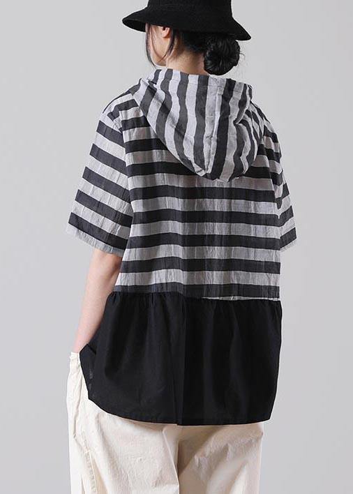 Women Black Striped Patchwork Cotton Linen Blouses Summer - SooLinen