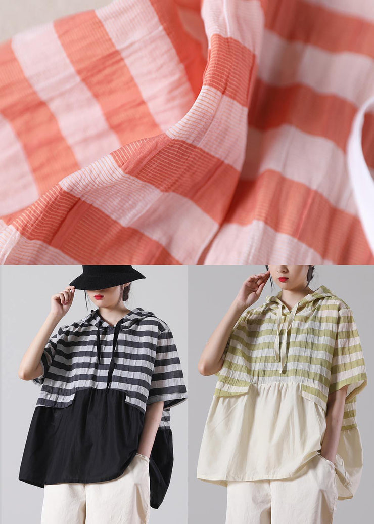 Women Black Striped Patchwork Cotton Linen Blouses Summer - SooLinen