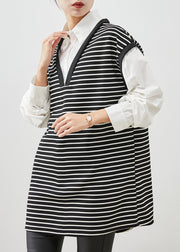 Women Black Striped Patchwork Cotton Shirt Dress Spring