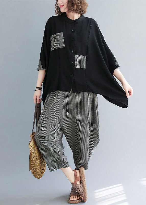 Women Black Striped Patchwork Stand Collar Tops And Pants Cotton Two Pieces Set Summer