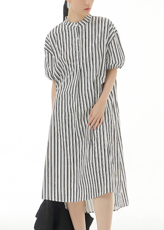 Women Black Striped Side Open Cotton Vacation Long Shirt Dresses Summer
