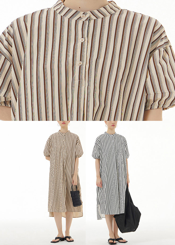 Women Black Striped Side Open Cotton Vacation Long Shirt Dresses Summer