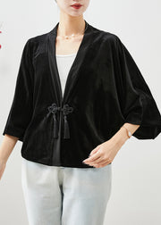 Women Black Tasseled Chinese Button Silk Velour Coats Fall