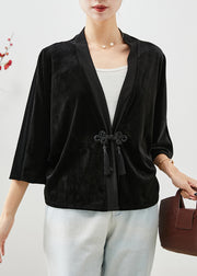 Women Black Tasseled Chinese Button Silk Velour Coats Fall