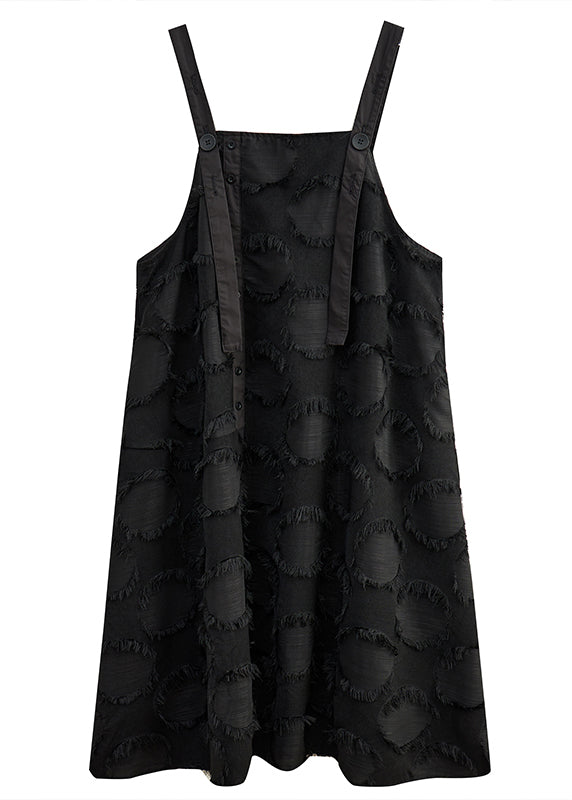 Women Black Tasseled Cotton Holiday Strap Dress Summer