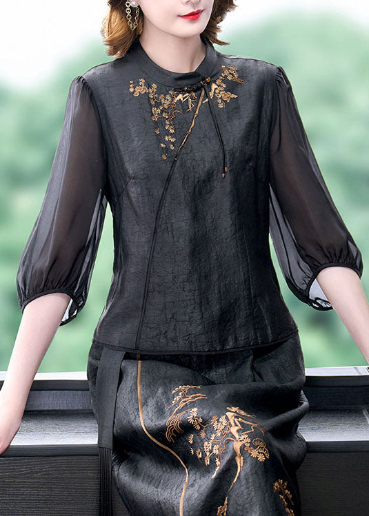 Women Black Tasseled Embroidered Patchwork Silk Top Summer
