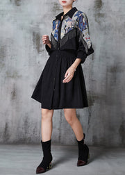 Women Black Tasseled Patchwork Cotton Dress Spring
