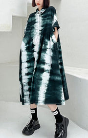 Women Black Tie Dye Cotton Turn-down Collar Summer Long Dresses - SooLinen