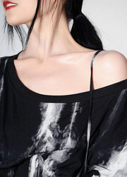 Women Black Tie Dye One Shoulder tie waist Shirt Tops Summer - SooLinen