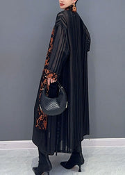 Women Black Tulle Maxi Cardigans And Print Top Two Pieces Set Fall