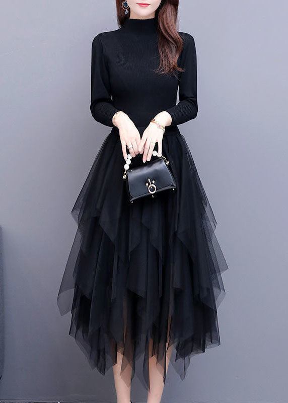 Women Black Tulle Patchwork asymmetrical design Dress Spring