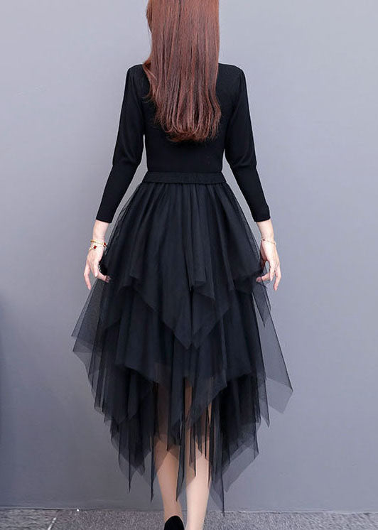 Women Black Tulle Patchwork asymmetrical design Dress Spring