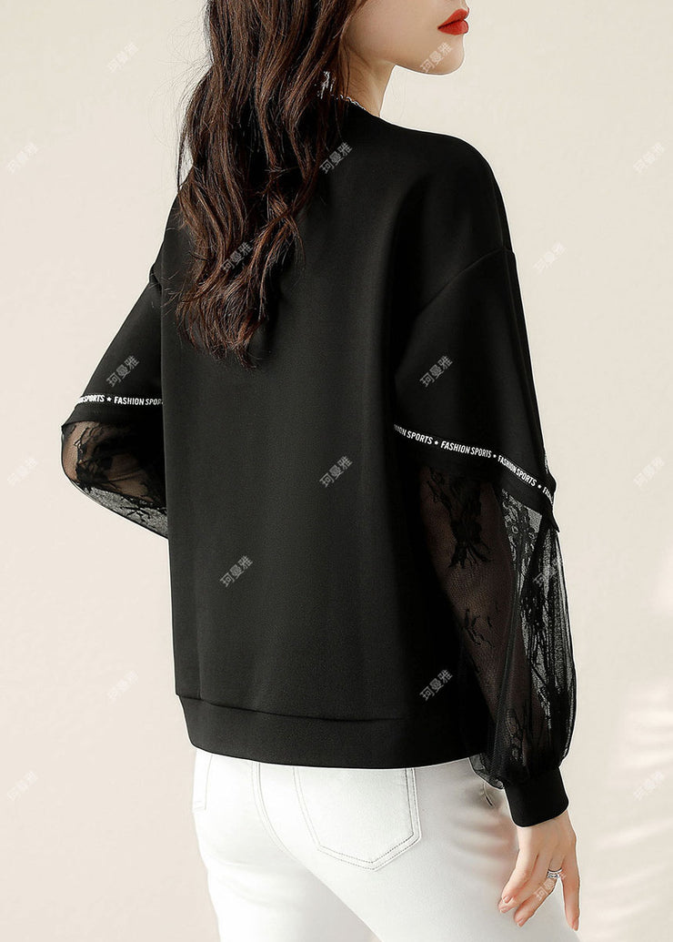 Women Black Tulle Print Cotton Loose Sweatshirt Spring