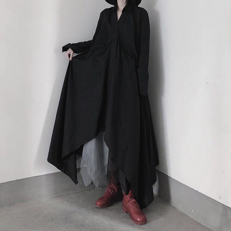 Women Black Tunic Pattern V Neck Asymmetric Robe Spring Dress - SooLinen