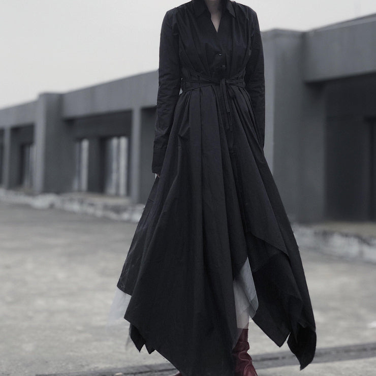 Women Black Tunic Pattern V Neck Asymmetric Robe Spring Dress - SooLinen