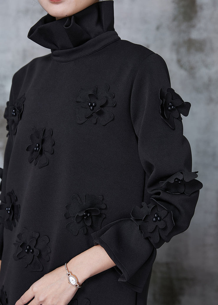 Women Black Turtle Neck Floral Cotton Dress Flare Sleeve