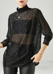 Women Black Turtle Neck Hollow Out Tulle Top Spring