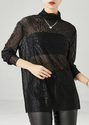 Women Black Turtle Neck Hollow Out Tulle Top Spring
