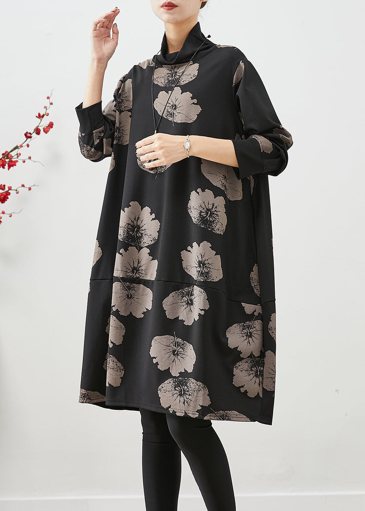 Women Black Turtle Neck Print Cotton Dresses Fall