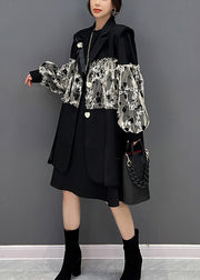 Women Black Turtleneck Lace Patchwork Waistcoat And Dress Two Piece Suit Set Fall