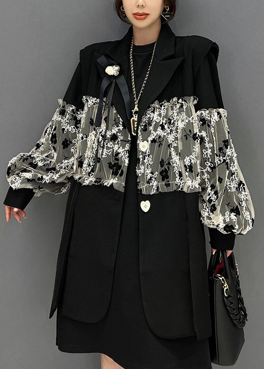 Women Black Turtleneck Lace Patchwork Waistcoat And Dress Two Piece Suit Set Fall