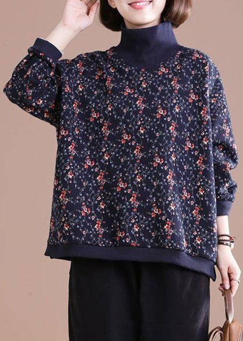 Women Black Turtleneck Print Patchwork Warm Fleece Tops Long Sleeve