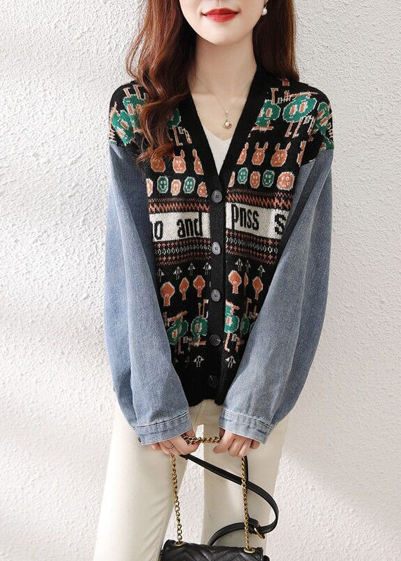 Women Black V Neck Button Patchwork Knit Sweaters Cardigan Fall