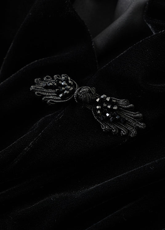 Women Black V Neck Button Silk Velour Tops Long Sleeve